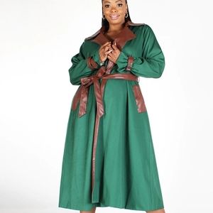 🆕 Green Faux leather detail Trench Jacket